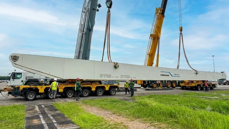 Two cranes lowering a long white crane boom onto yellow multi-axle modular trailers while crew in safety vests watch