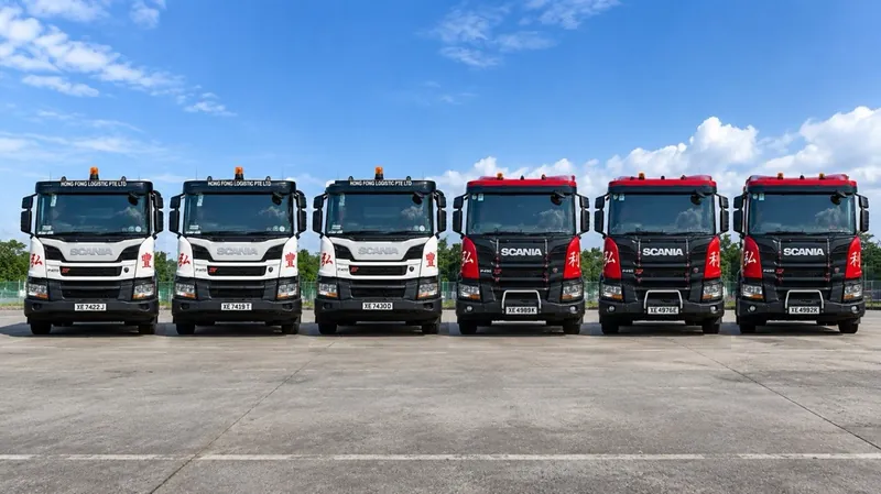 Six Scania prime movers from our fleet parked side by side in an open yard: Hong Fong Logistic trucks in white and Hong Li Logistics trucks in black and red 