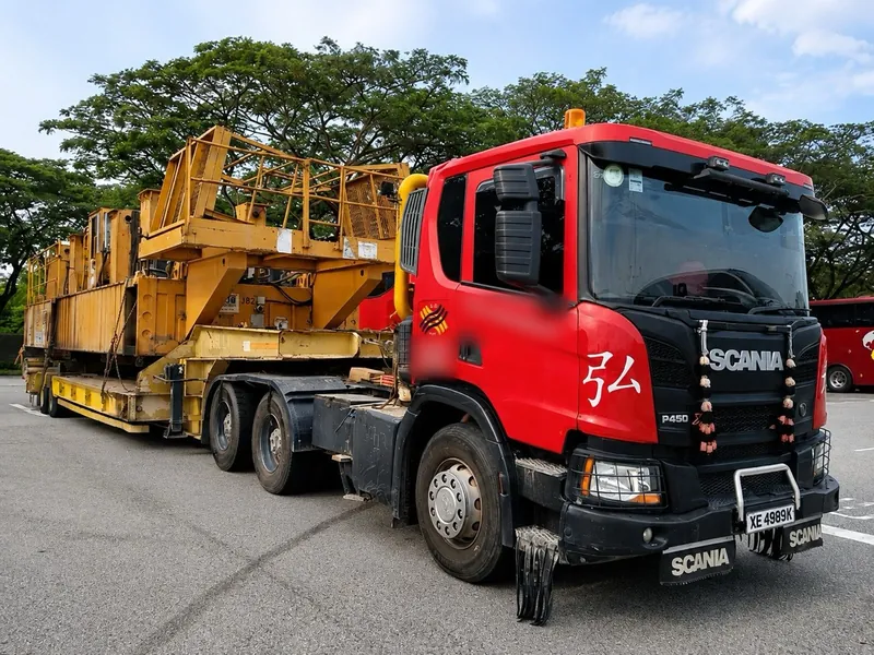 A red Hong Li Scania prime mover hauling heavy yellow machinery on a low-bed trailer